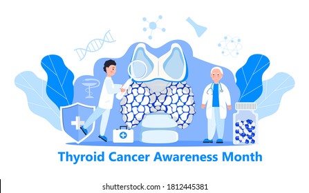 Thyroid cancer awareness month illustration. Hypothyroidism concept vector for app, web. Tiny doctors diagnose and treat human thyroid gland. 