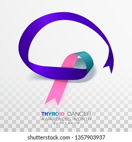 Thyroid Cancer Awareness Month. Teal and Pink and Blue Color Ribbon Isolated On Transparent Background. Vector Design Template For Poster.