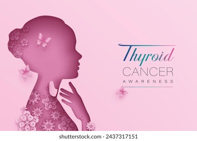 Cartel de concientización de cáncer de tiroides. Flores en capas abstractas dentro de una silueta de corte de papel de una mujer con una mano y la tiroides en un fondo rosa con mariposas 