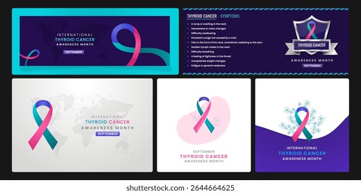Thyroid Cancer awareness Set banner with original month, Set of five designs with original color ribbon.