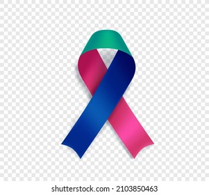 Thyroid cancer awareness symbol. Teal, pink and blue ribbon isolated on transparent background