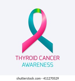 Thyroid cancer awareness symbol. Teal, pink and blue ribbon on white background. Medical concept. Vector illustration.

