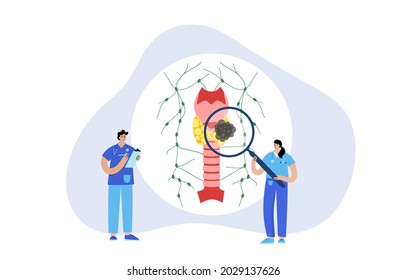 Thyroid cancer stages. Doctors consultation and treatment in clinic. Thyroid gland, trachea and lymph nodes. Pain and tumor in human endocrine system. Internal organs exam flat vector illustration.