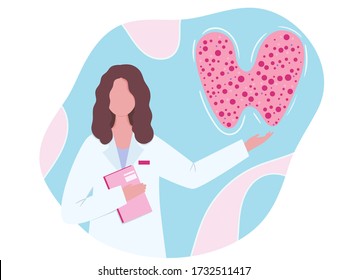 Thyroid disease awareness. Doctor endocrinologist and thyroid gland concept. Medical design vector illustration for poster, banner, icon in flat style.