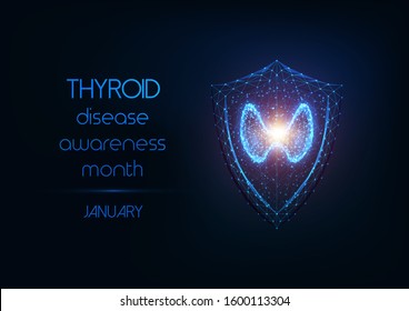 Thyroid disease awareness month banner with thyroid gland and protection shield on dark blue background. Modern wire frame mesh design vector illustration.