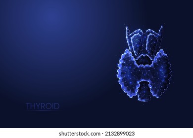 The thyroid gland is a close-up of a futuristic polygonal style. Endocrinological treatment of hyperthyroidism, hormone analysis. Vector illustration.