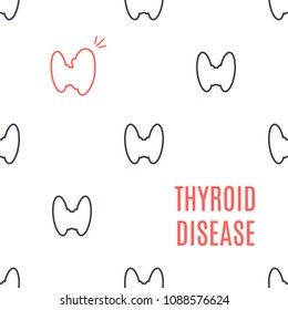 Thyroid Gland Disease Poster. Pattern Of Healthy Thyroid Icons With One Organ Affected By The Illness. Front View Body Anatomy Sign. Human Endocrine System. Medical Symbol. Vector Illustration. 