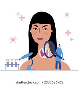 Schilddrüse und Endokrinologie, Vektorgrafik. Schilddrüsengesundheitskonzept und Hormonkontrolle beim Endokrinologen, medizinisches Konzept. Cartoon auf einfarbigem Hintergrund. Design-Element