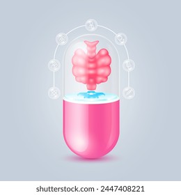Thyroid gland floating on cross symbols medical in transparent pink capsule pill. Doctor, syringe, shield, and stethoscope icons are the periphery. Medical organ protection and health care. Vector.