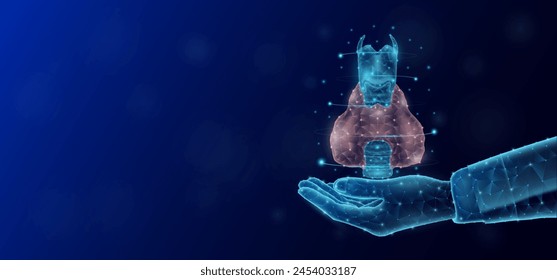 Thyroid gland floats in the nurse doctor hand. Human organ low poly polygon style. On dark blue background with empty copy space for text. Medical health care concept. Vector illustration.