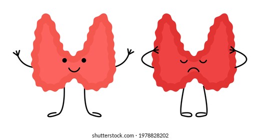 Thyroid gland happy healthy and sad sick characters. Check health thyroid organ. Hypo or hyperthyroidism, pain, strain concept. Vector flat illustration