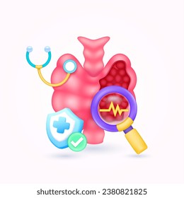 Thyroid gland health check up with doctor. Yellow heart pulse in magnifying glass looking thyroid diagnosis and shield symbol cross, check mark button. Medical health care. 3d icon organ anatomy carto