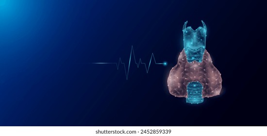 Anatomía de órganos humanos de la glándula tiroides en forma de polígono bajo poli futurista y onda de pulso brillante. Anuncio de Plantilla de ciencias médicas con espacio vacío para texto. Ilustración del EPS10 del Vector.