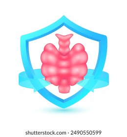 Thyroid gland human in shield surrounded by blue arrow. Protection symbol health care. Medical science concept. Organ model cartoon style 3d isolated on white background. Vector EPS 10.