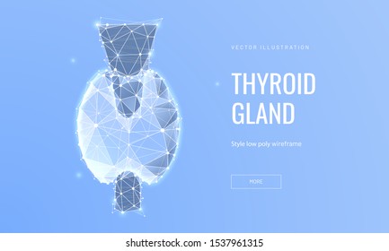 Thyroid gland low poly landing page template. 3d endocrine organ and trachea polygonal illustration. Goiter treatment mesh art web banner. Hypothyroidism, hyperthyroidism diagnostics homepage design