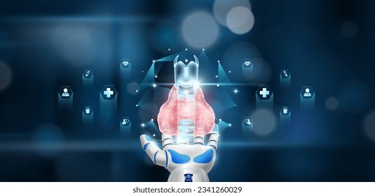 El órgano de la glándula tiroidea dentro del cubo flota en la mano del doctor robot sobre el fondo del hospital. Sistema de atención de la salud tecnología innovadora medicina futurista inteligencia artificial artificial inteligencia artificial inteligencia artificial robótica cibernética. Vector.