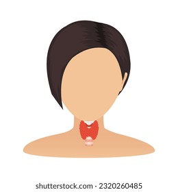 Thyroid gland organ on female silhouette medical infographics. Hypothyroidism and hyperthyroidism disorders. TSH hormone disbalance therapy. Endocrinology concept. Isolated flat vector illustration.