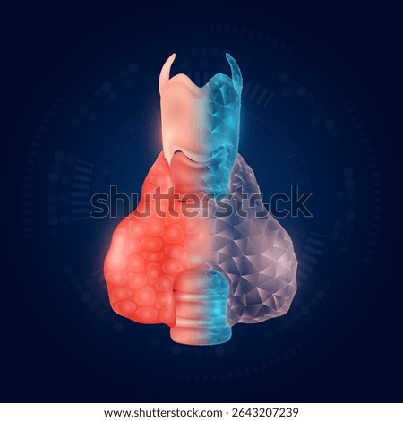 Thyroid gland realistic shape model with translucent polygon on dark blue background. Medical science technology. Treatment with prosthetic organs concept. Vector EPS10.
