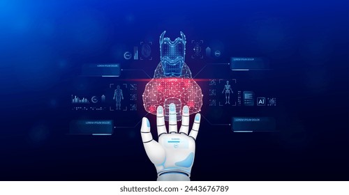 Thyroid gland scanning robot doctor diagnose disease on hand. Screen digital interface of system MRI scan of human body organ DNA analysis. Future health care innovation. Medical technology. Vector.