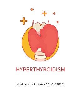 Thyroid gland with swollen lobe on white background. Human body organs anatomy linear icon. Hyperthyroidism medical concept. Isolated vector illustration.