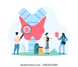 Thyroid health care, awareness of endocrine diseases, endocrinology. Tiny people with magnifying glass examine human thyroid gland to find missing puzzle piece and protect cartoon vector illustration