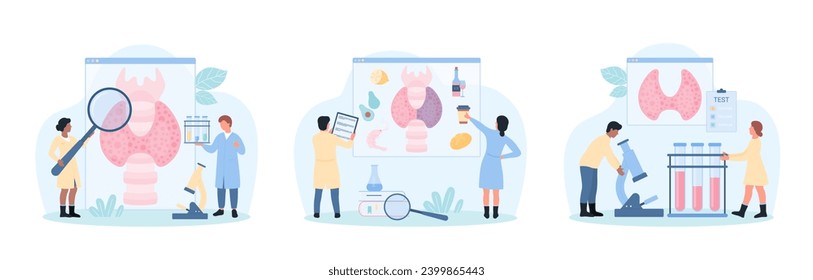 Thyroid health check set vector illustration. Cartoon tiny doctors with magnifying glass and laboratory microscope test blood sample for thyroid disease diagnosis, advise food diet to relieve symptoms