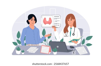 Thyroid health concept. Thyroid awareness month. Endocrinologist deal with the diagnosis and treatment of the human thyroid. Vector illustration in flat style