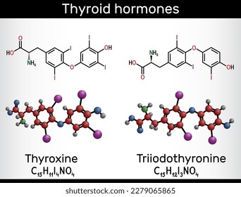 Schilddrüsenhormone: Triiodothyronin (T3, Levothyroxin) und Thyroxin (T4) Molekül. Zur Behandlung von Hypothyreose angewendet. Strukturelle chemische Formel, Molekül-Modell. Vektorgrafik