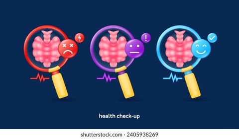 Thyroid in magnifying glass looking diagnose with icon sadly face worried and smiling. Pulse, thunder, exclamation, check mark. Medical health care check up. 3d organ anatomy cartoon vector.