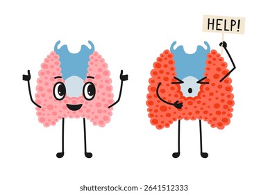 Thyroid mascot glands healthy and unhealthy cartoon childish illustration. Happy thyroid gland giving thumbs up and sad sick body organ character. Check health organ. Vector medical comic poster