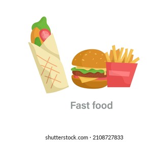 Elemento infográfico de nutrición tiroidea. Malos alimentos para la glándula tiroidea. Comida rápida dañina. Hamburguesa, patatas fritas y shawarma. Muchas calorías. Dibujo vectorial plano de dibujos animados aislado en fondo blanco