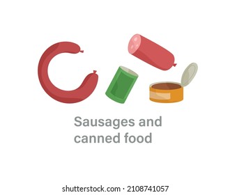 Thyroid nutrition infographic element. Bad foods for thyroid gland. Sausages, semi finished meat and canned food. Harmful products. Cartoon flat vector illustration isolated on white background