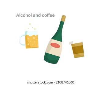 Thyroid nutrition infographic element. Bad foods for thyroid gland. Alcoholic beverages and hot coffee. Harmful drinks or addiction. Cartoon flat vector illustration isolated on white background