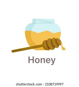 Infografik-Element zur Schilddrüsenernährung. Gute Lebensmittel für Schilddrüsen. Köstlicher Bienenhonig. Natürliches süßes Produkt in Glasplatte mit Löffel. Cartoon-FlachVektorgrafik einzeln auf weißem Hintergrund