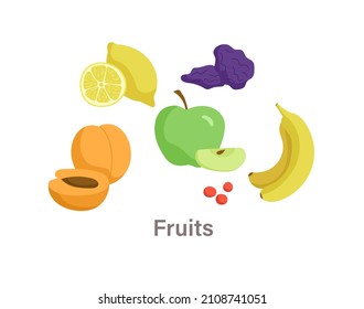 Thyroid nutrition infographic element. Good foods for thyroid gland. Fresh ripe fruit with vitamins. Apple and lemon, banana and peach. Cartoon flat vector illustration isolated on white background
