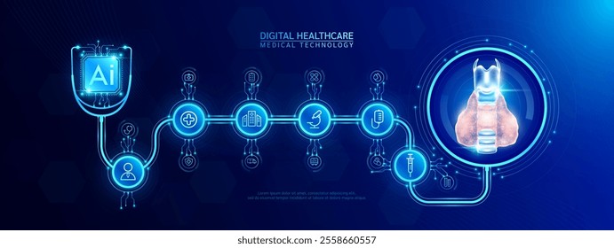 Thyroid organ human and AI chip medical in stethoscope with icon cross, syringe, hospital, doctor. Technology digital health care check up modern. Dark blue background banner vector.