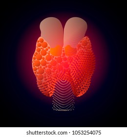 Thyroid with a point of pain. Stylized transition from a real organ to an X-ray effect. Medical illustration of Thyroid diseases