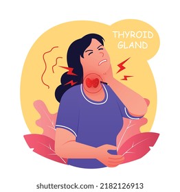 Thyroid problems concept. Young girl has sore throat, symptoms of cold. Womans health problems, medical poster or banner. Inflamed tonsils, anatomy and biology. Cartoon flat vector illustration