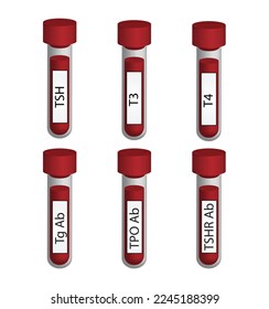 Prueba de tiroides, glándula tiroidea. hormonas TSH, T3, T4. Tiroglobulina, Peroxidasa tiroidea y anticuerpos frente a receptores hormonales estimulantes de tiroides. Hipotiroidismo e hipertiroidismo. Ilustración vectorial.