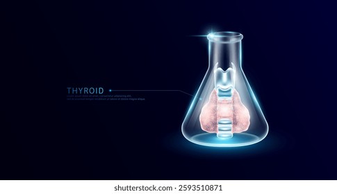 Thyroid transparent in beaker glass triangle test tube on dark blue background. Internal organ anatomy sample medical science experiment. Research genetic scientific concept. Vector EPS10.