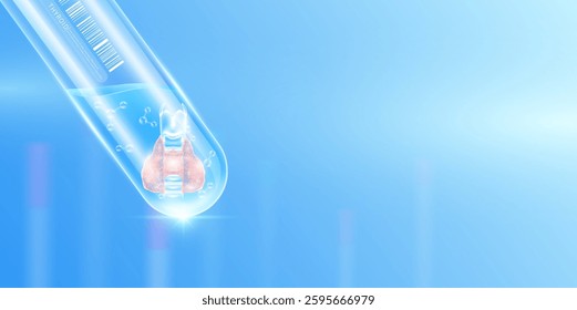 Thyroid transparent and molecule in glass test tube with empty space for text. Human internal organ anatomy sample science research experiment. Medical scientific concept. Banner vector.