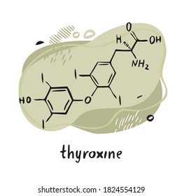 Thyroxine formula. Form of thyroid hormone hand drawn by line on the background of abstract objects and shapes. Symbol for biology, chemistry, naturopathy, medicine. Flat cartoon vector illustration.