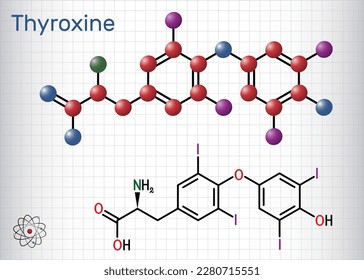 Thyroxin, T4, Levothyroxin-Molekül. Es ist Schilddrüsenhormon, Prohormon von Thyronin T3. Strukturelle chemische Formel, Molekül-Modell. Blatt Papier in einem Käfig. Vektorgrafik