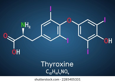 Thyroxine, T4, levothyroxine molecule. It is thyroid hormone, prohormone of thyronine T3, used to treat hypothyroidism. Structural chemical formula on the dark blue background. Vector illustration