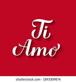 Ti Amo calligraphy hand lettering on red background. I Love You in Italian. Valentines day typography poster. Vector template for banner, postcard, greeting card, t-shirt, logo design, flyer, etc.