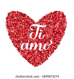 Ti Amo calligraphy hand lettering. I Love You inscription in Italian. Valentines day greeting card. Vector template for banner, postcard, typography poster, t-shirt, logo design, flyer, sticker, etc.