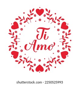 Ti Amo calligraphy hand lettering. I Love You inscription in Italian. Valentines day card. Vector template for poster, banner, postcard, greeting card, shirt, logo design, flyer, sticker, etc.