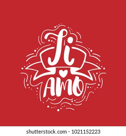 Ti Amo. Hand sketched Love text in Italian as logotype, badge and icon. Lettering for postcard, t-shirt, card, invitation, banner template, print materials. Greetings calligraphy. Vector illustration