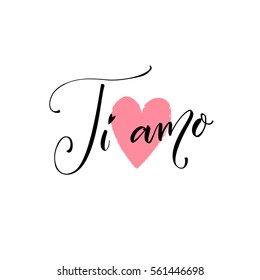 Ti amo. I love you in Italian language. Modern calligraphy saying on pink heart symbol. Valentine's day card. Vector design with lettering.