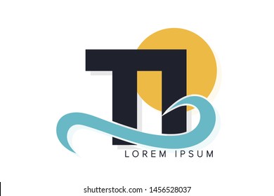 TI letter logo with ocean waves and sunset. Beach concept design